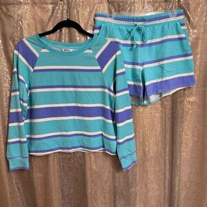 Wildfox Purple Aqua Striped Sleep Lounge Top Shorts 2 Piece Set Small NWT